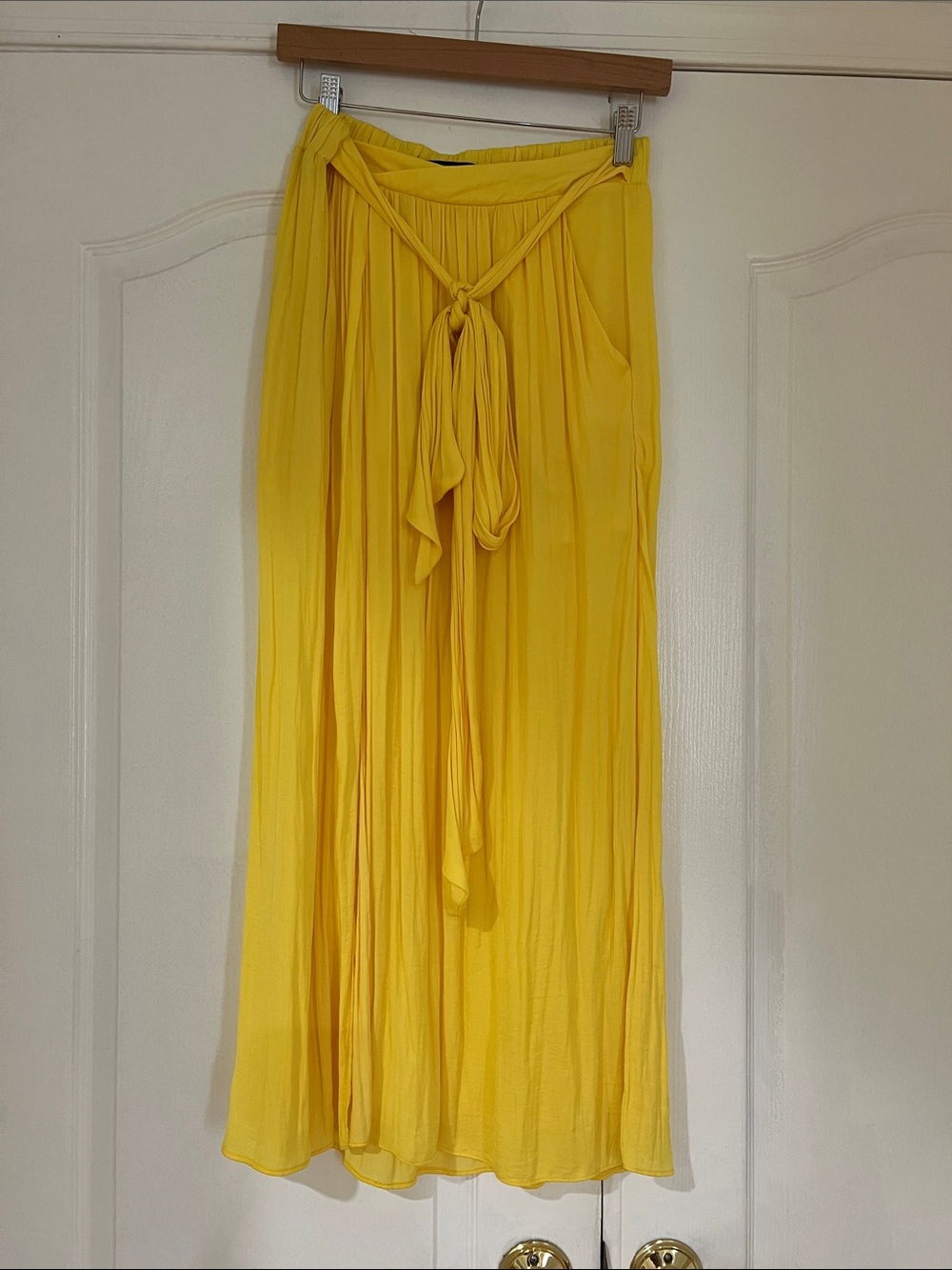 Zara Bright Yellow Pleated Maxi Skirt with Tie Waist